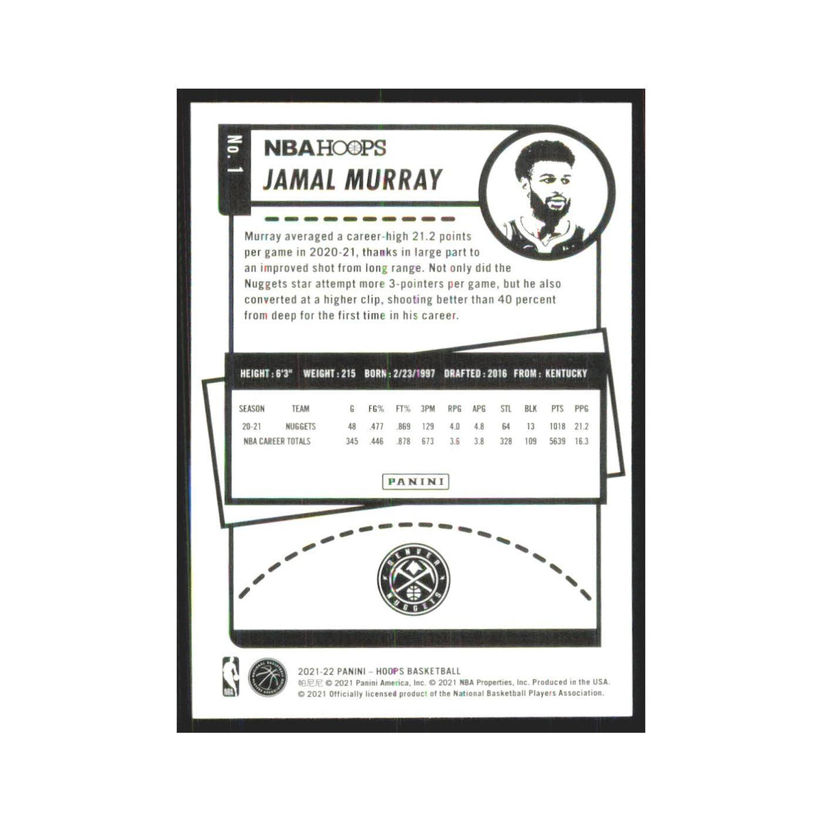 Jamal Murray 2021 NBA Hoops #1 Denver Nuggets Basketball Card NM