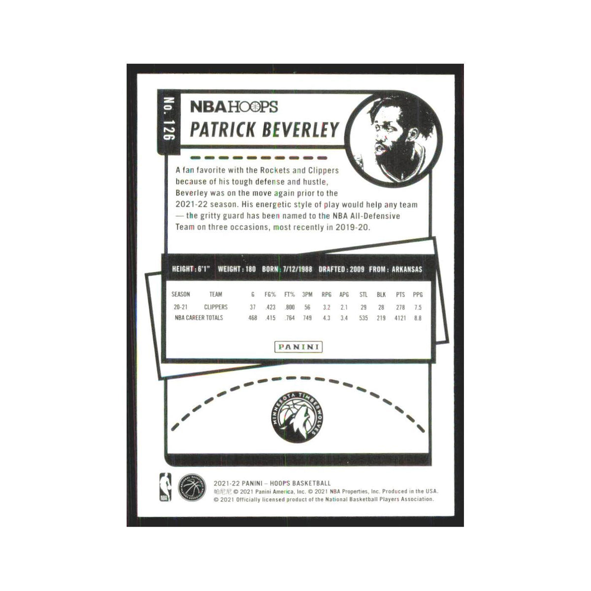 Patrick Beverley 2021 NBA Hoops #126 Minnesota Timberwolves Basketball Card NM