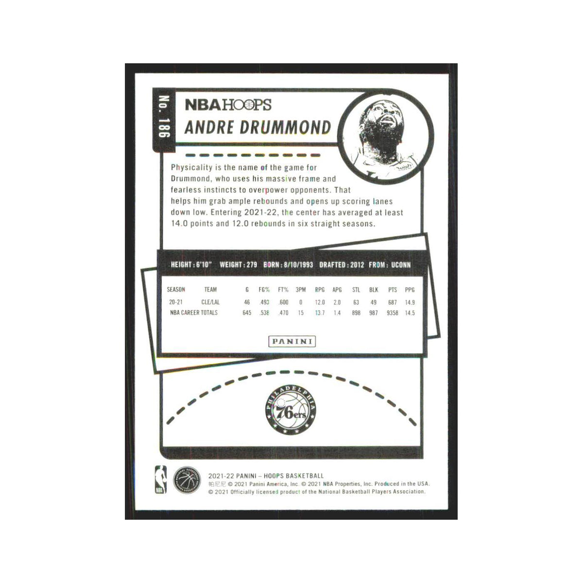 Andre Drummond 2021 NBA Hoops #186 Philadelphia 76ers Basketball Card NM