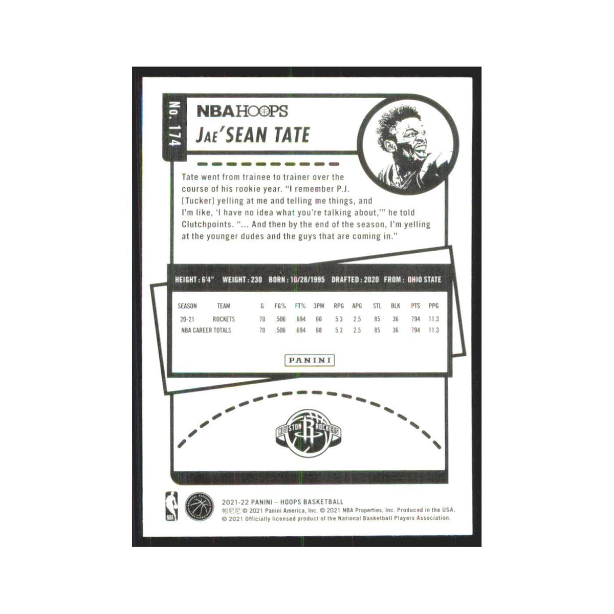 Jae'Sean Tate 2021 NBA Hoops #174 Houston Rockets Basketball Card NM
