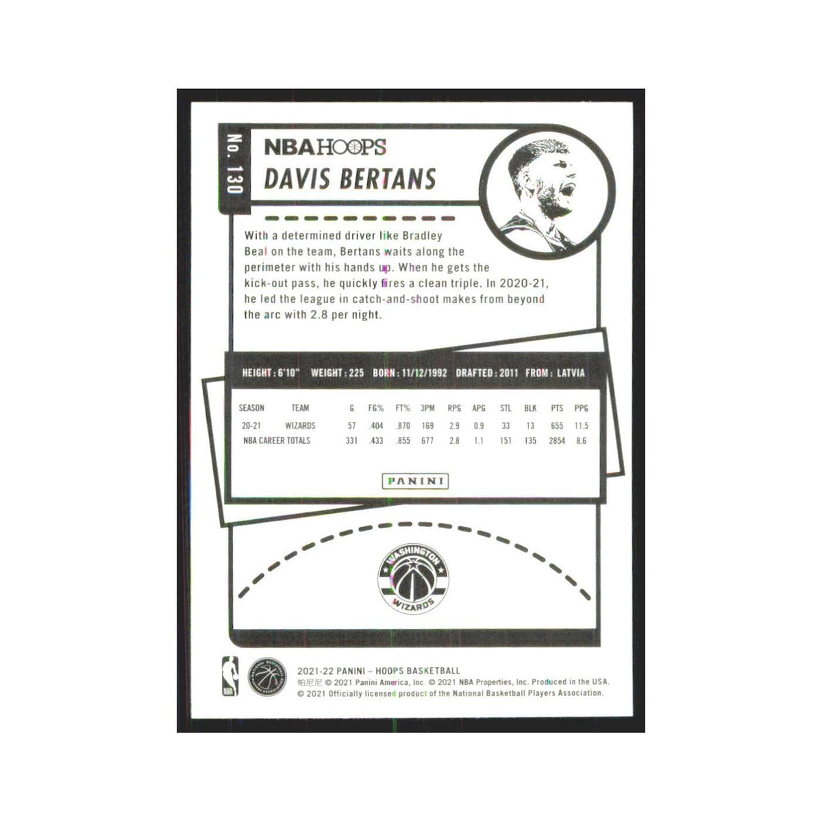 Davis Bertans 2021 NBA Hoops #130 Washington Wizards Basketball Card NM