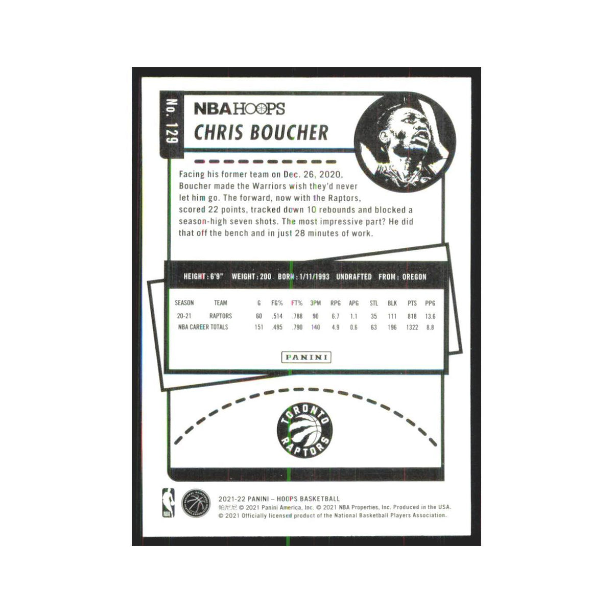 Chris Boucher 2021 NBA Hoops #129 Toronto Raptors Basketball Card NM