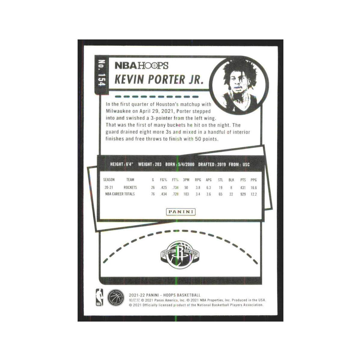 Kevin Porter Jr. 2021 NBA Hoops #154 Houston Rockets Basketball Card NM