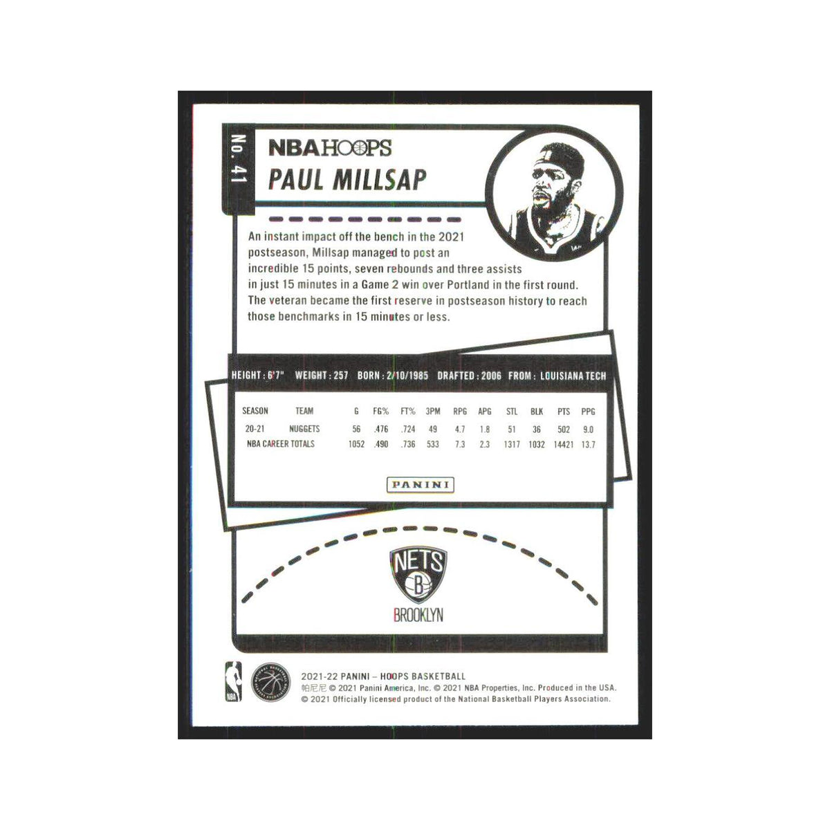 Paul Millsap 2021 NBA Hoops #41 Brooklyn Nets Basketball Card NM