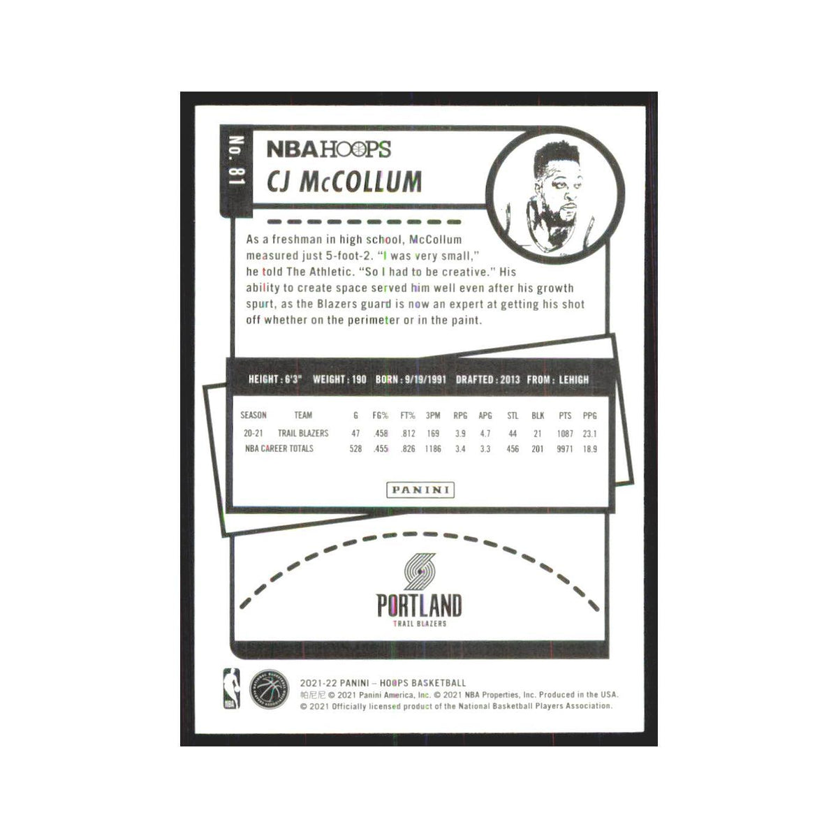 CJ McCollum 2021 NBA Hoops #81 Portland Trail Blazers Basketball Card NM
