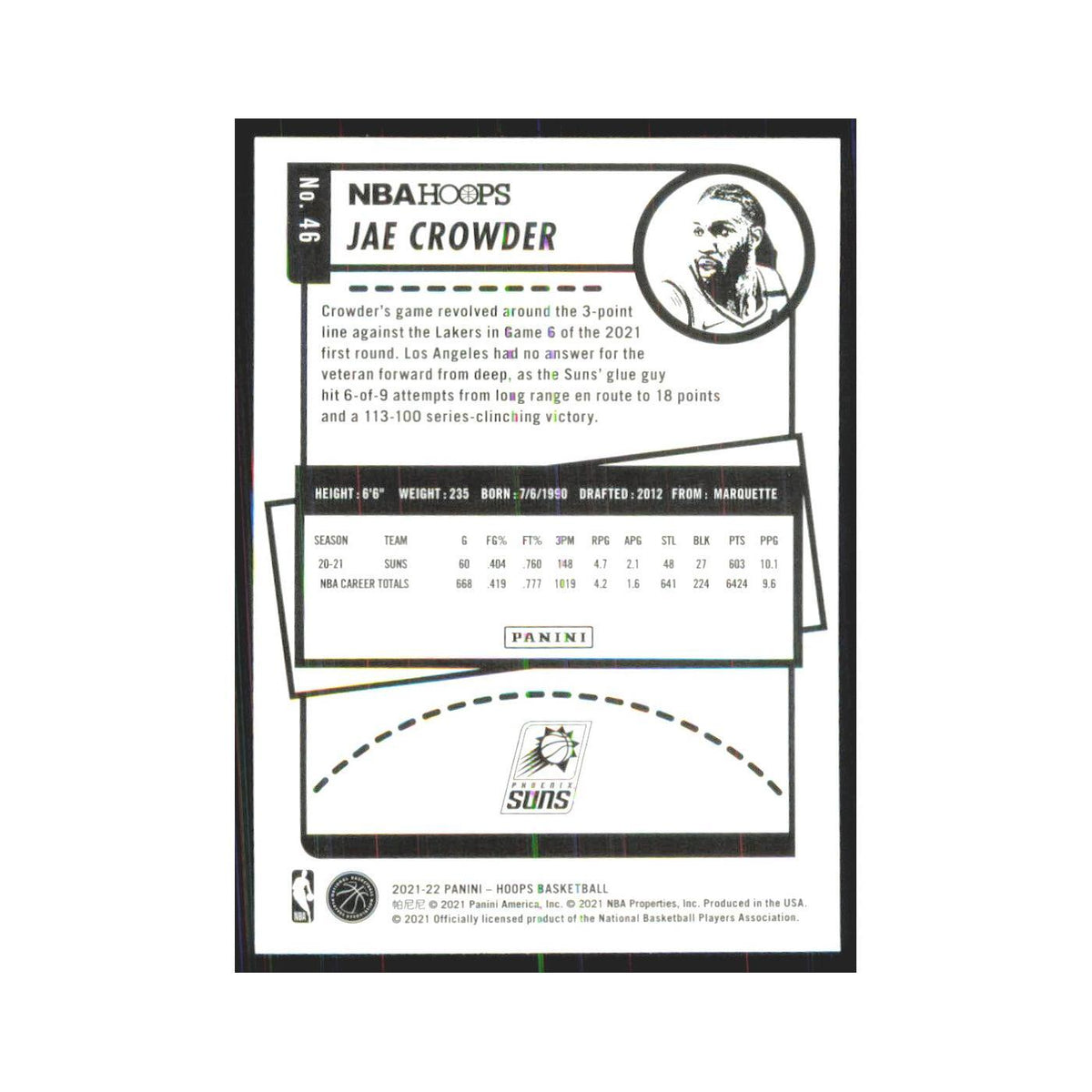 Jae Crowder 2021 NBA Hoops #46 Phoenix Suns Basketball Card NM