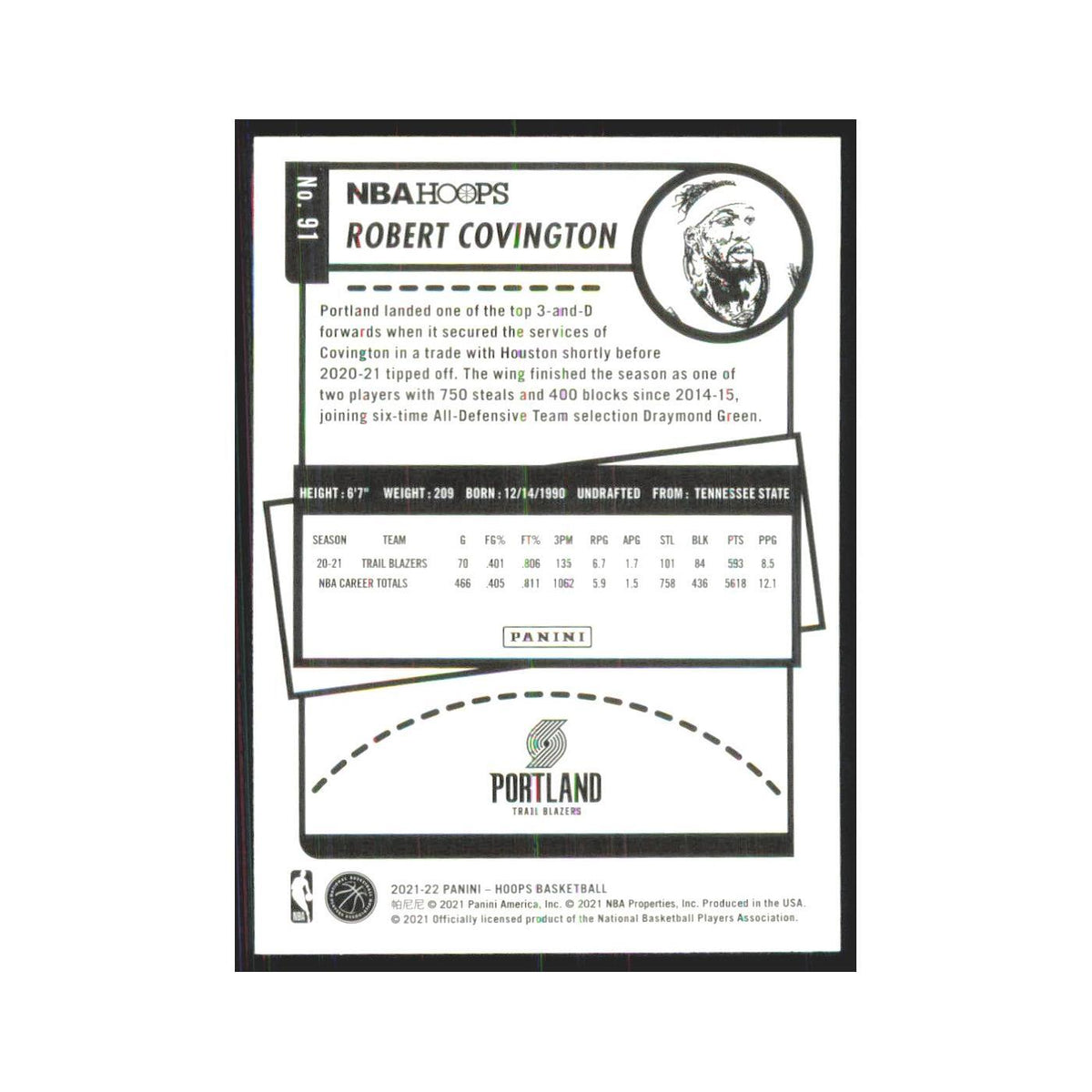 Robert Covington 2021 NBA Hoops #91 Portland Trail Blazers Basketball Card NM