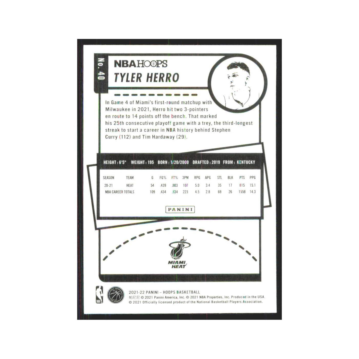 Tyler Herro 2021 NBA Hoops #40 Miami Heat Basketball Card NM
