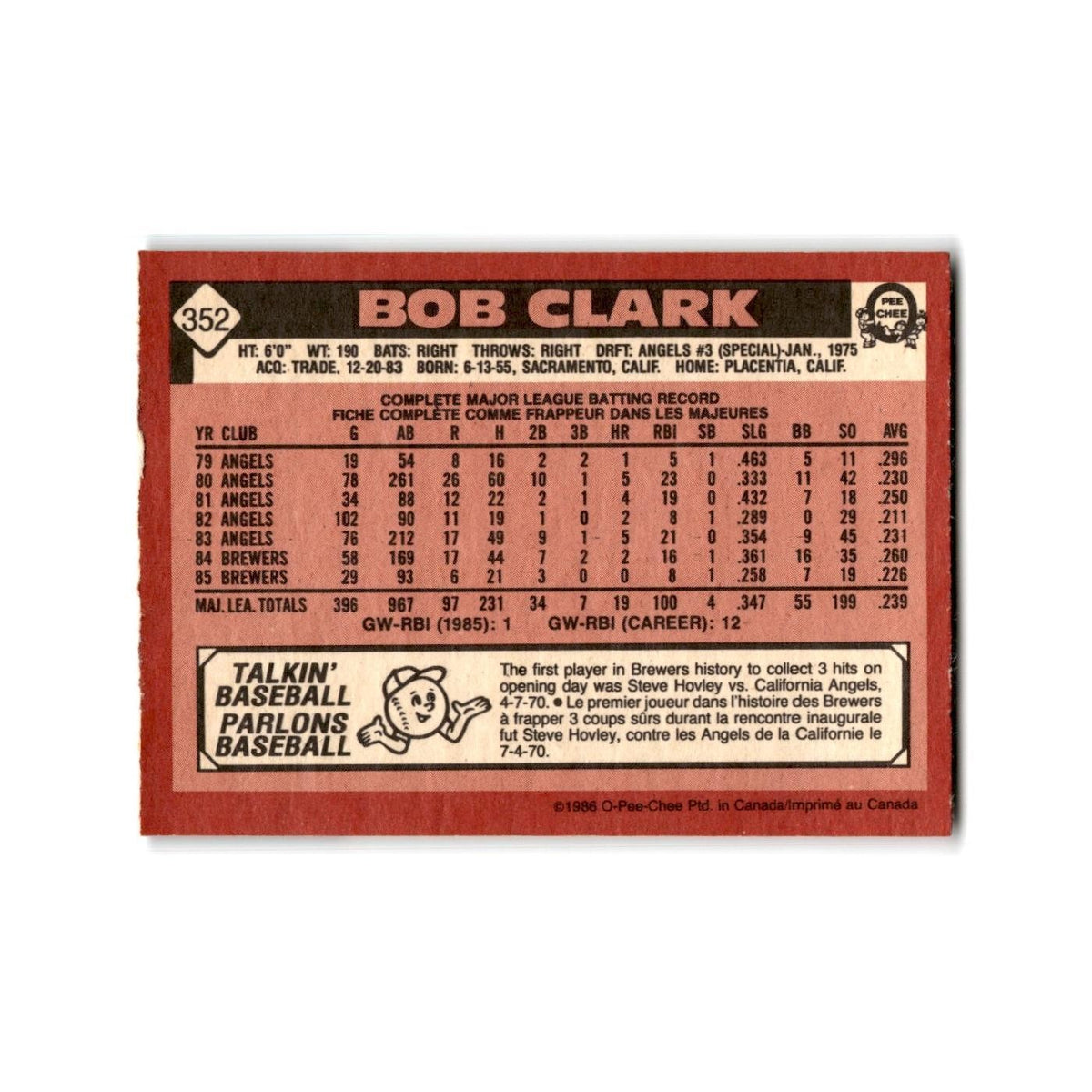 Bob Clark 1986 O-Pee-Chee #352 Milwaukee Brewers Baseball Card NM