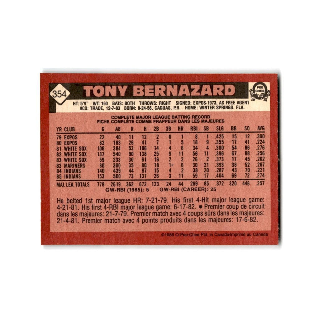 Tony Bernazard 1986 O-Pee-Chee #354 Cleveland Indians Baseball Card NM
