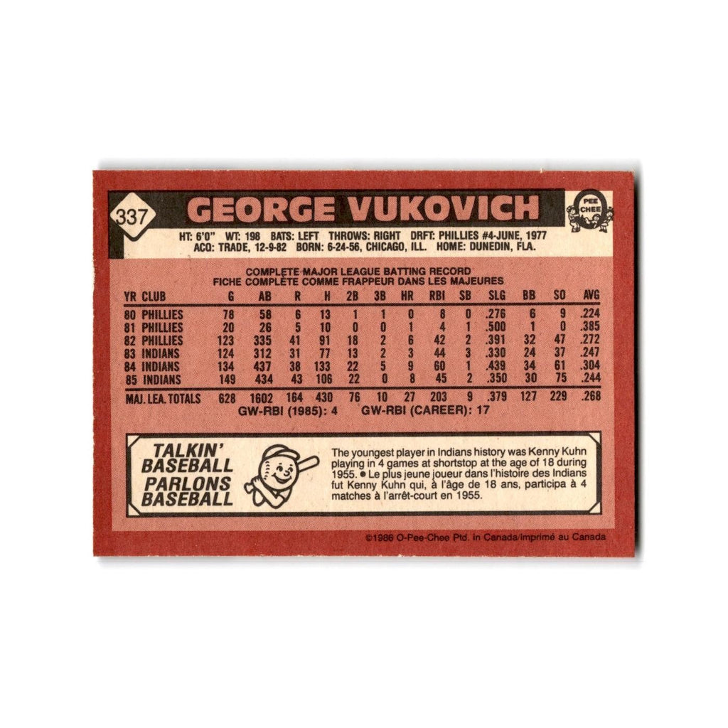 George Vukovich 1986 O-Pee-Chee #337 Cleveland Indians Baseball Card NM