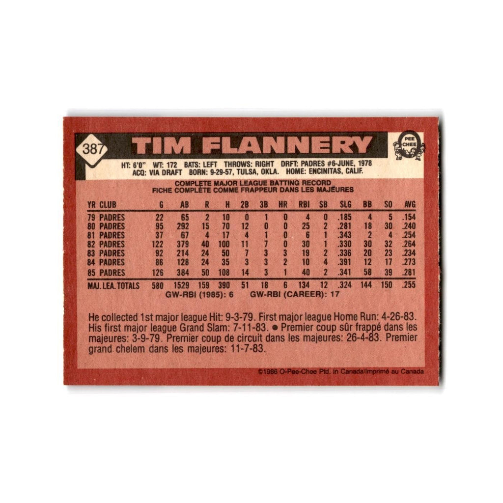 Tim Flannery 1986 O-Pee-Chee #387 San Diego Padres Baseball Card NM