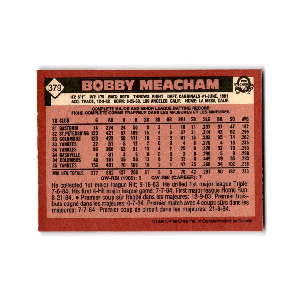 Bobby Meacham 1986 O-Pee-Chee #379 New York Yankees Baseball Card NM