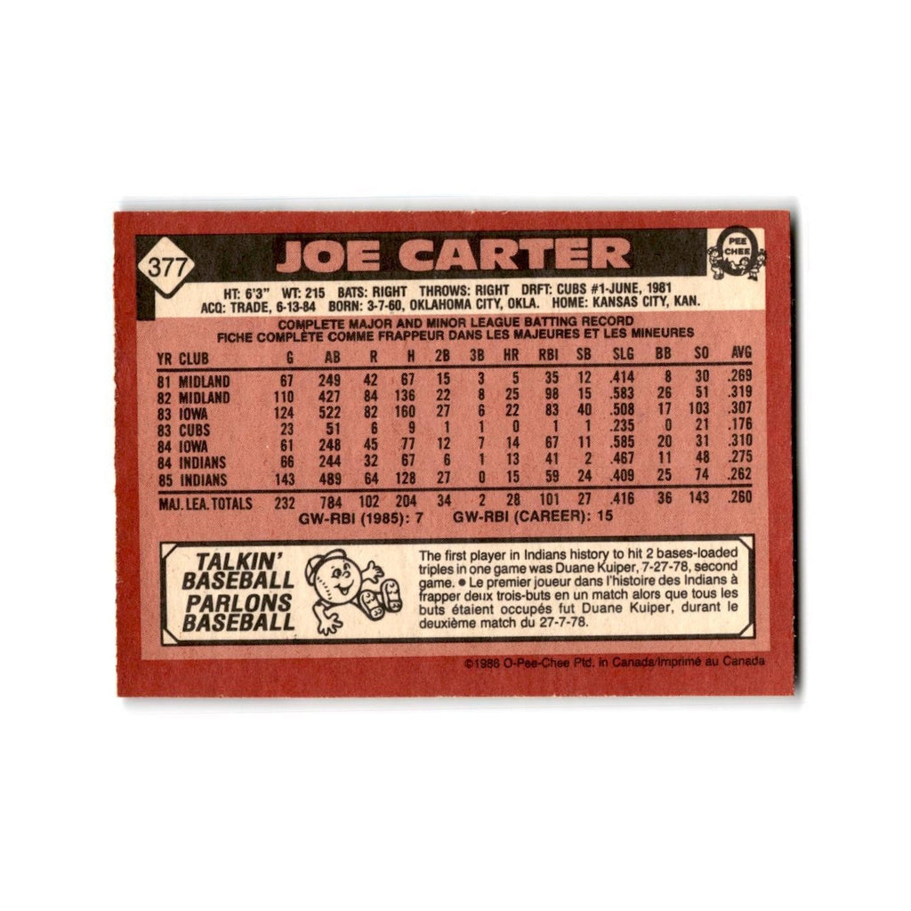 Joe Carter 1986 O-Pee-Chee #377 Cleveland Indians Baseball Card NM