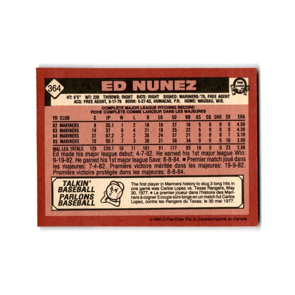 Ed Nunez 1986 O-Pee-Chee #364 Seattle Mariners Baseball Card NM