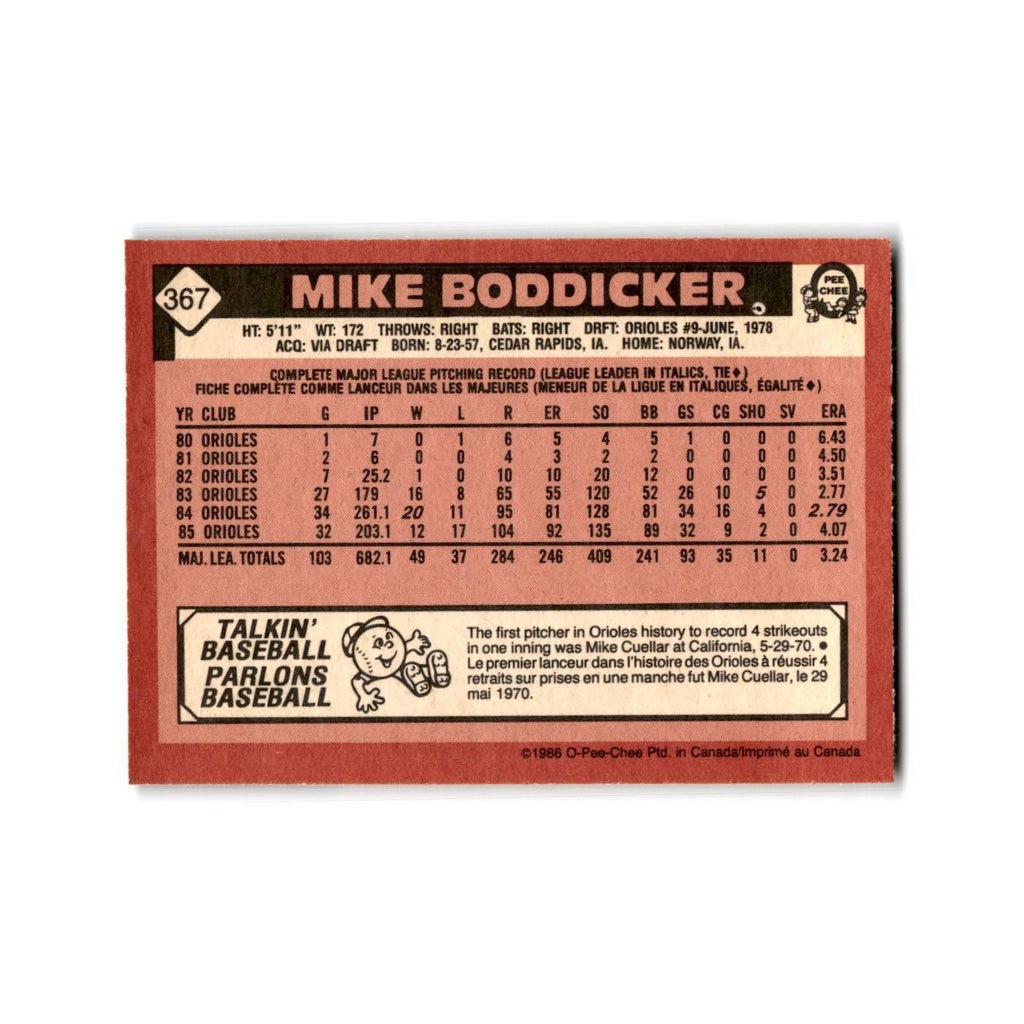 Mike Boddicker 1986 O-Pee-Chee #367 Baltimore Orioles Baseball Card NM