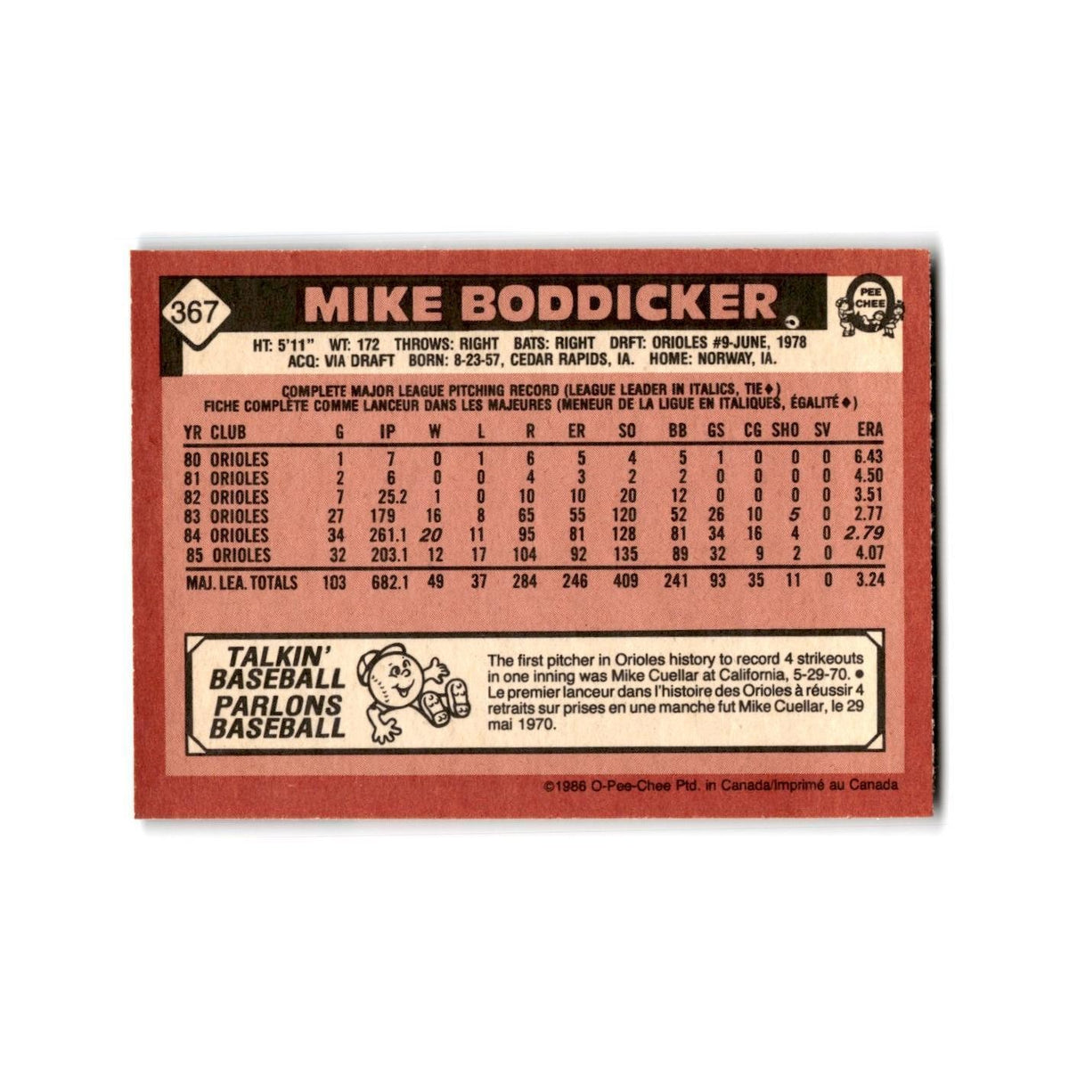 Mike Boddicker 1986 O-Pee-Chee #367 Baltimore Orioles Baseball Card NM