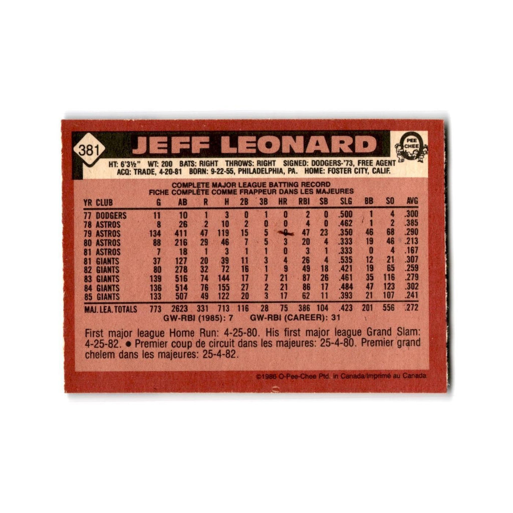 Jeff Leonard 1986 O-Pee-Chee #381 San Francisco Giants Baseball Card NM