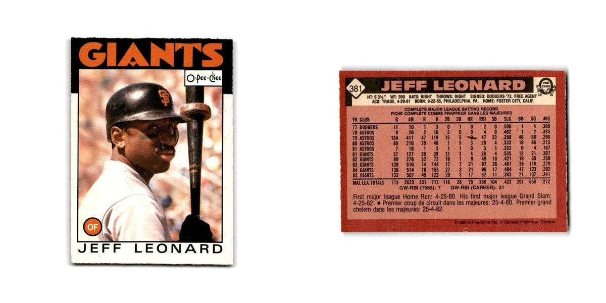Jeff Leonard 1986 O-Pee-Chee #381 San Francisco Giants Baseball Card NM
