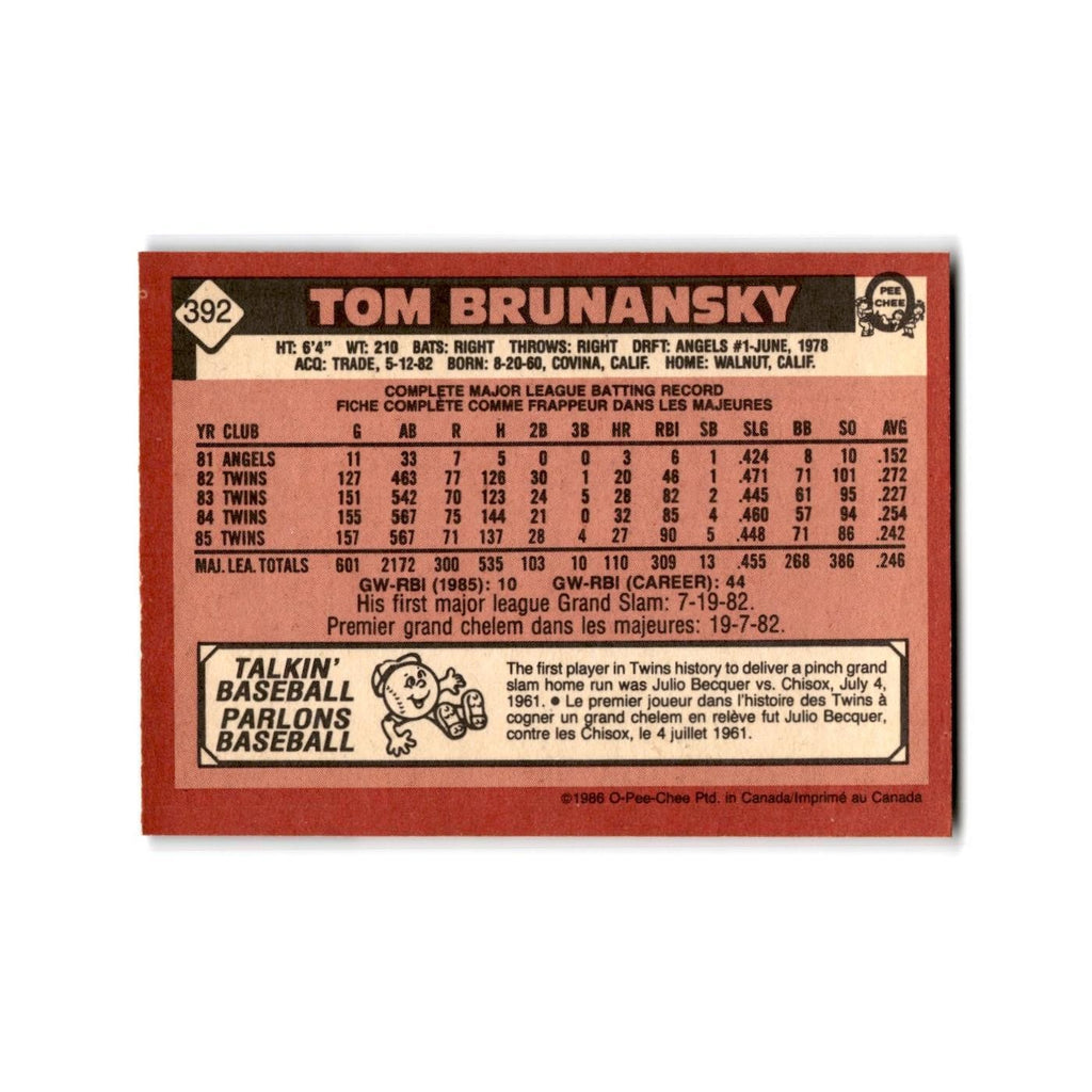 Tom Brunansky 1986 O-Pee-Chee #392 Minnesota Twins Baseball Card NM