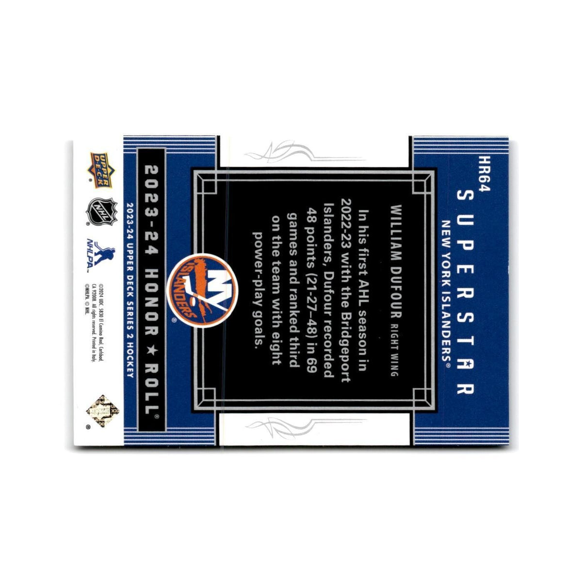 2023 Upper Deck Honor Roll William Dufour New York Islanders #HR64