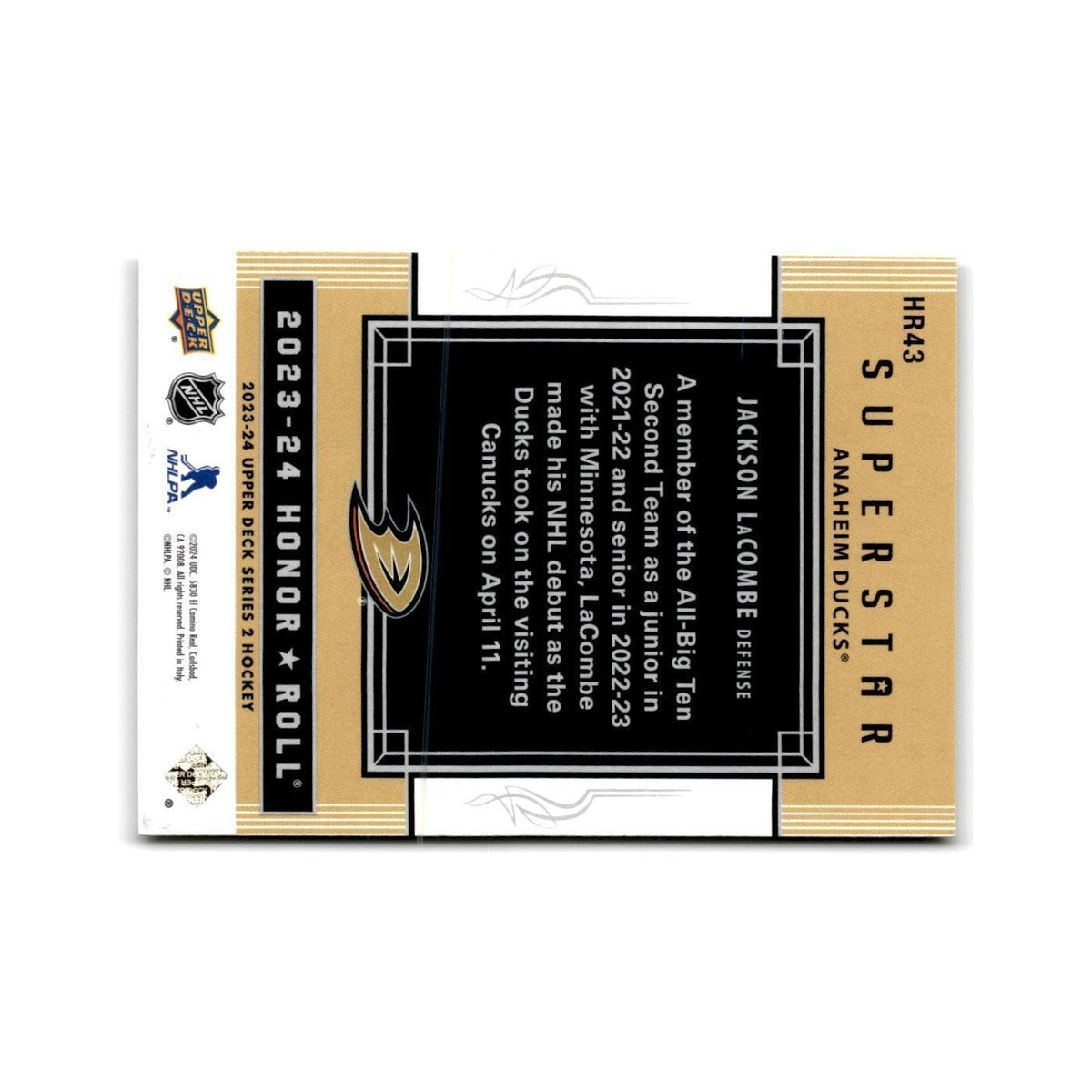 2023 Upper Deck Honor Roll Jackson LaCombe Anaheim Ducks #HR43