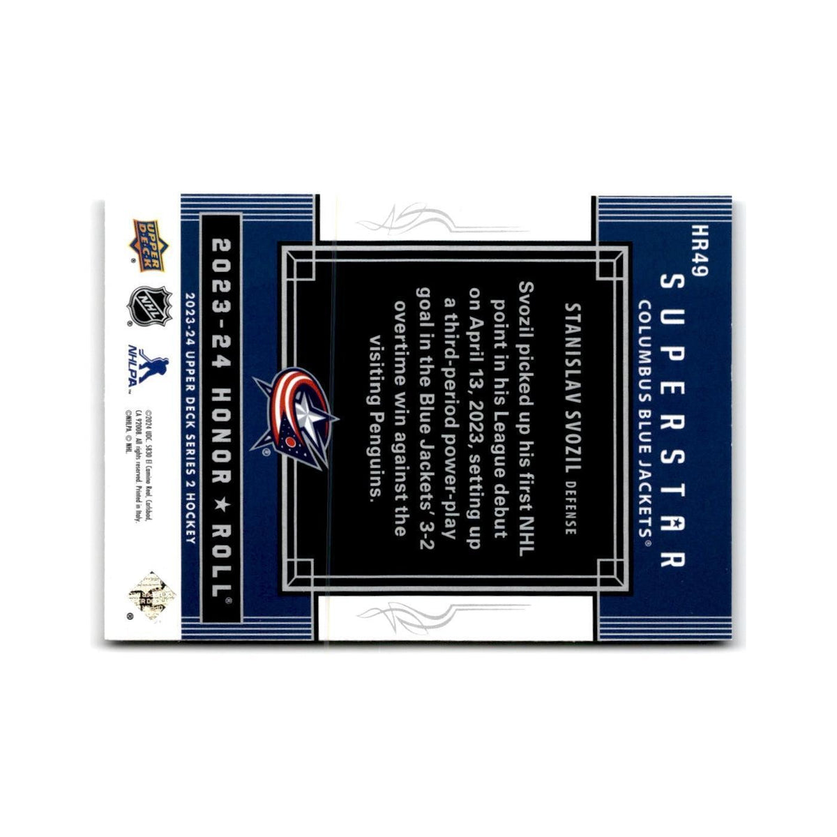 2023 Upper Deck Honor Roll Stanislav Svozil Columbus Blue Jackets #HR49