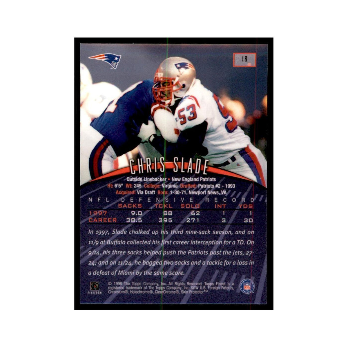 1998 Topps Finest w/coating Chris Slade Football Cards #18