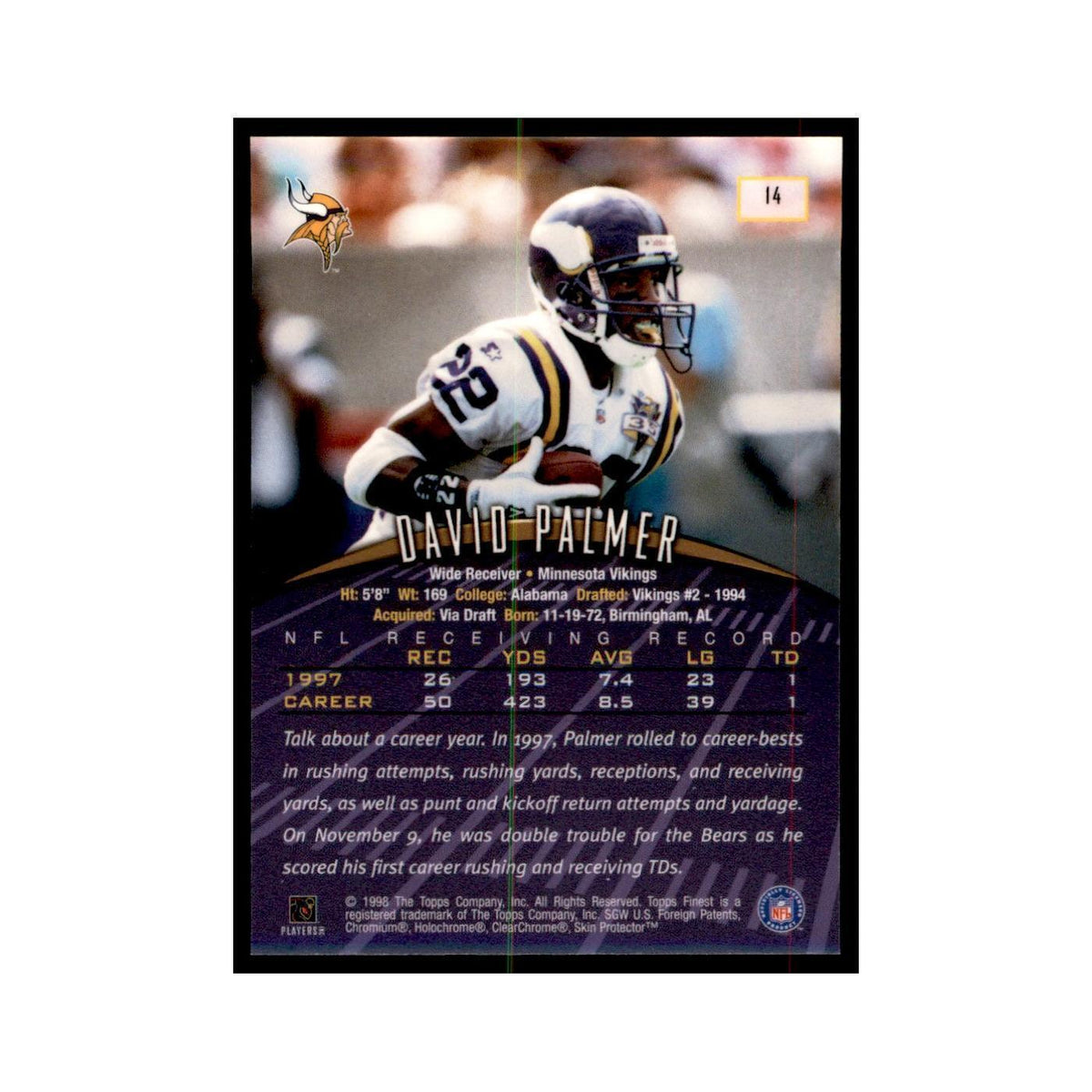 1998 Topps Finest w/coating David Palmer Football Cards #14