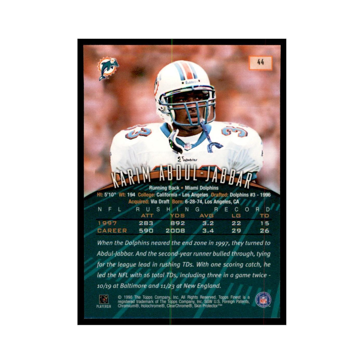 1998 Topps Finest w/coating Karim Abdul-Jabbar Football Cards #44