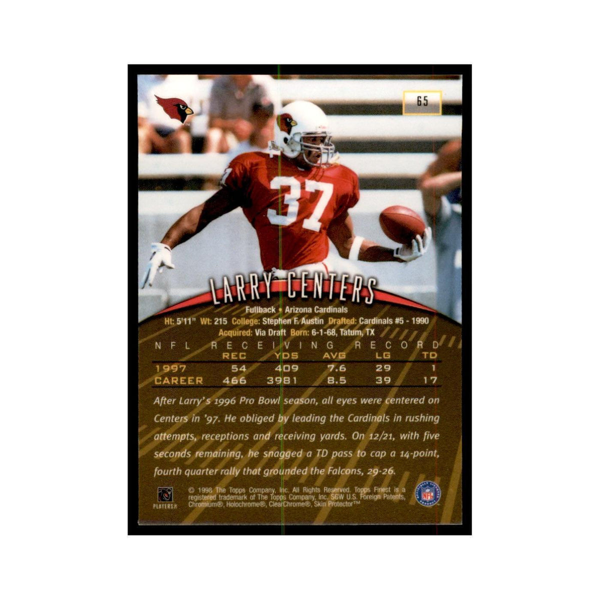 1998 Topps Finest w/coating Larry Centers Football Cards #65