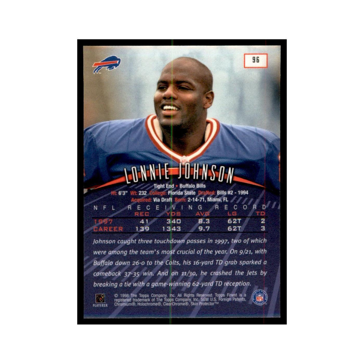 1998 Topps Finest w/coating Lonnie Johnson Football Cards #96