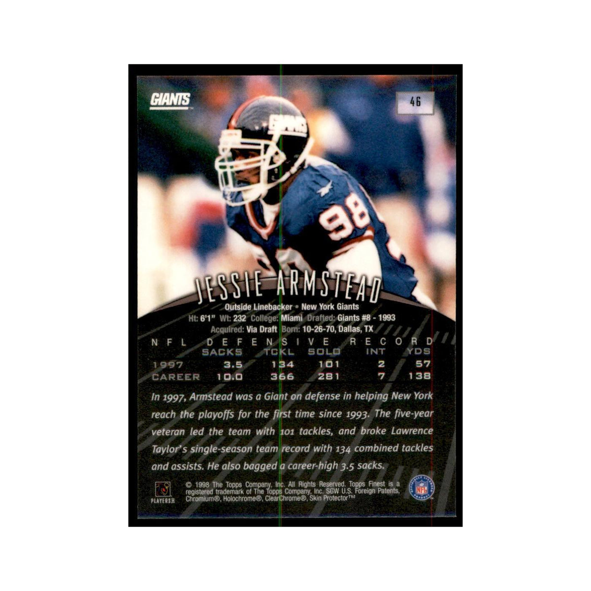 1998 Topps Finest w/coating Jessie Armstead Football Cards #46