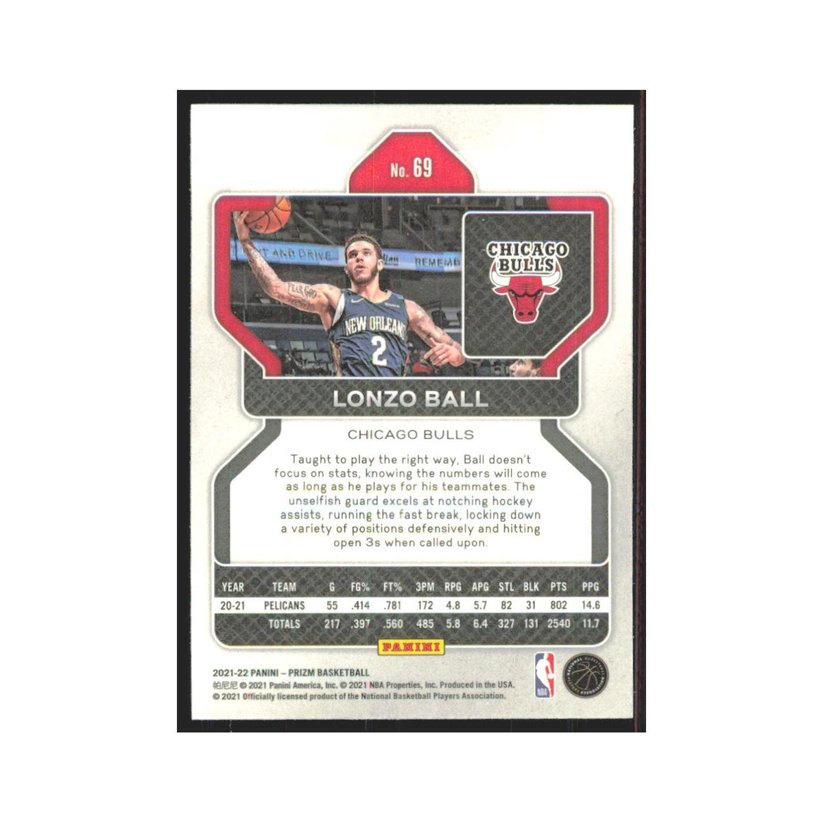 Lonzo Ball 2021 Panini Prizm #69 Chicago Bulls Basketball Card NM