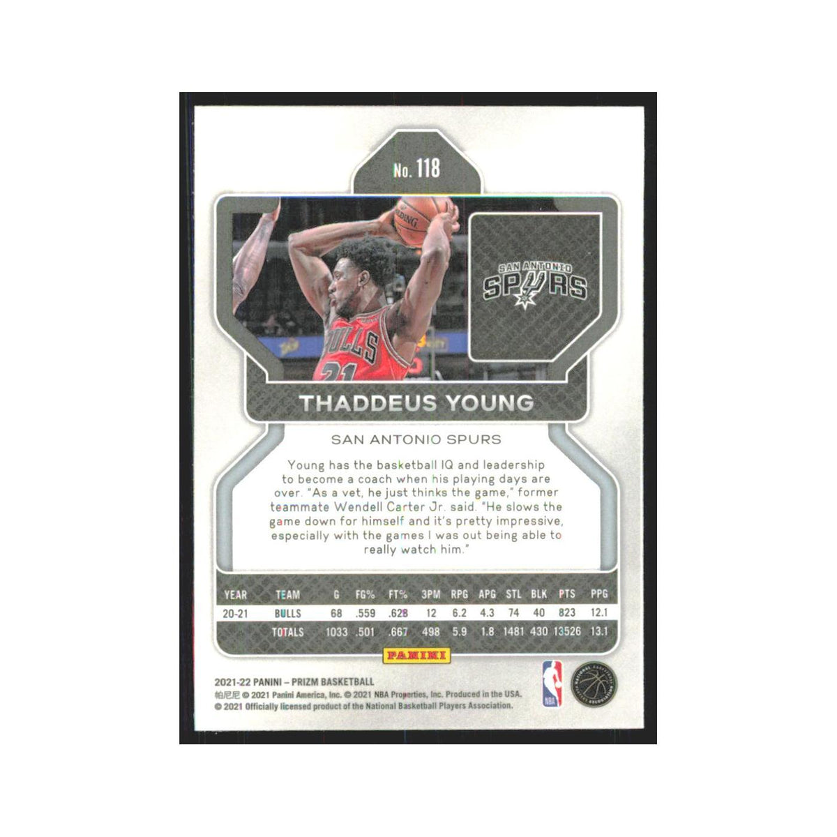 Thaddeus Young 2021 Panini Prizm #118 San Antonio Spurs Basketball Card NM
