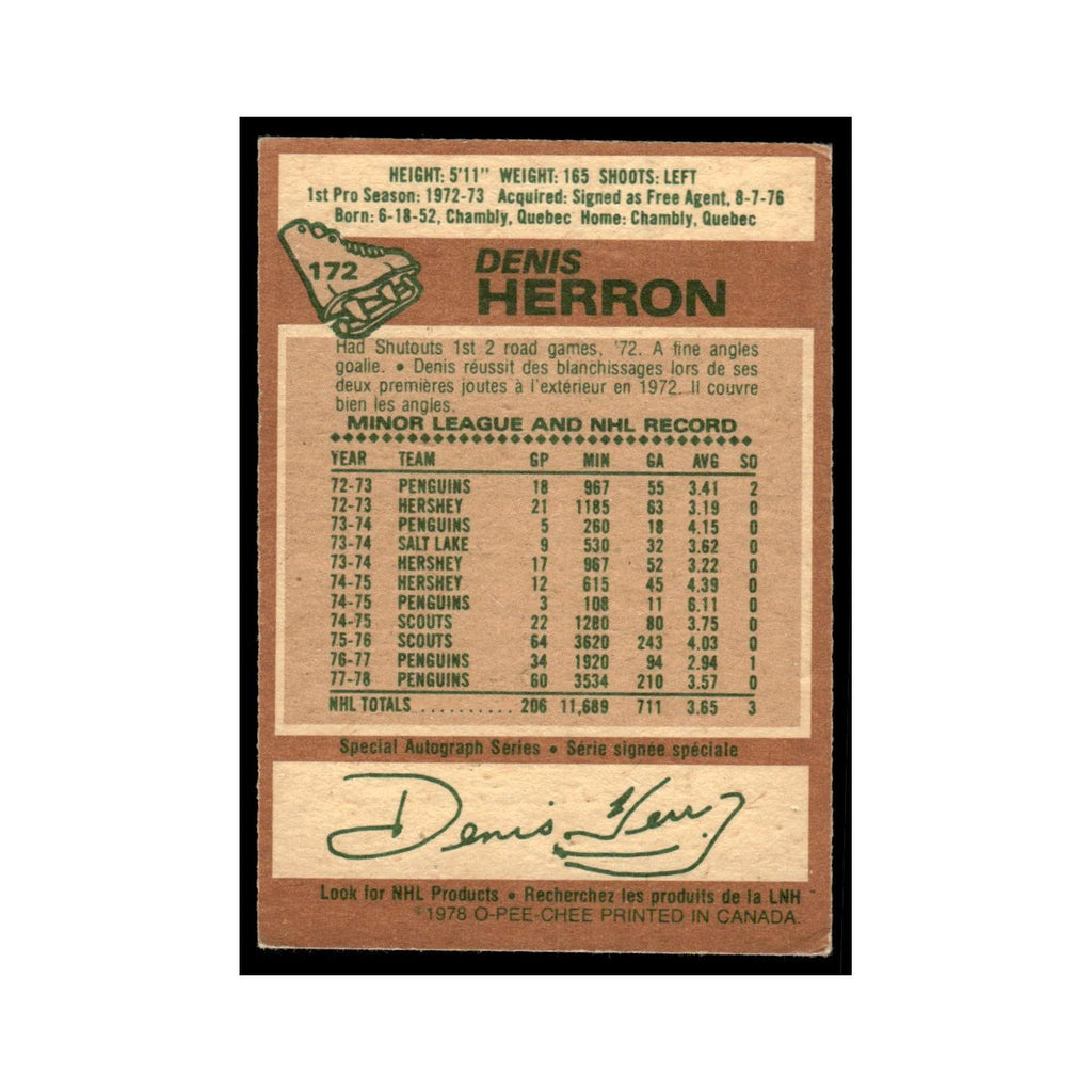Denis Herron 1978 O-Pee-Chee #172 Pittsburgh Penguins Hockey Card VG