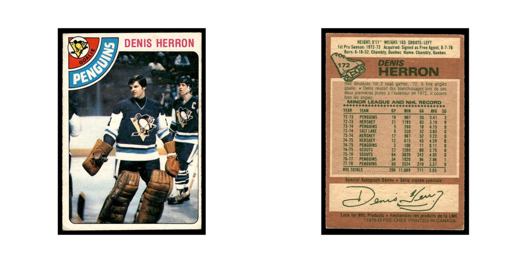 Denis Herron 1978 O-Pee-Chee #172 Pittsburgh Penguins Hockey Card VG