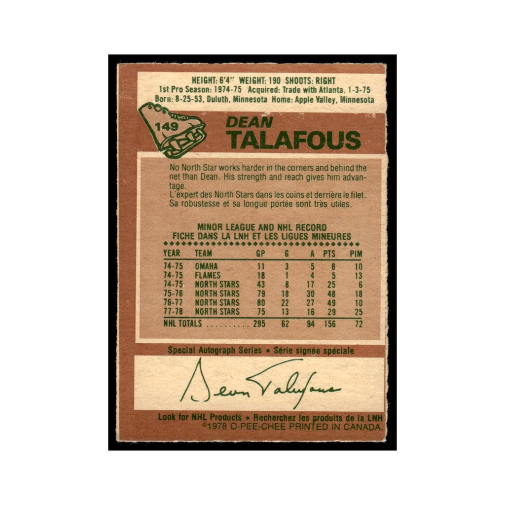 Dean Talafous 1978 O-Pee-Chee (Damaged) #149 New York Rangers Hockey Card Poor