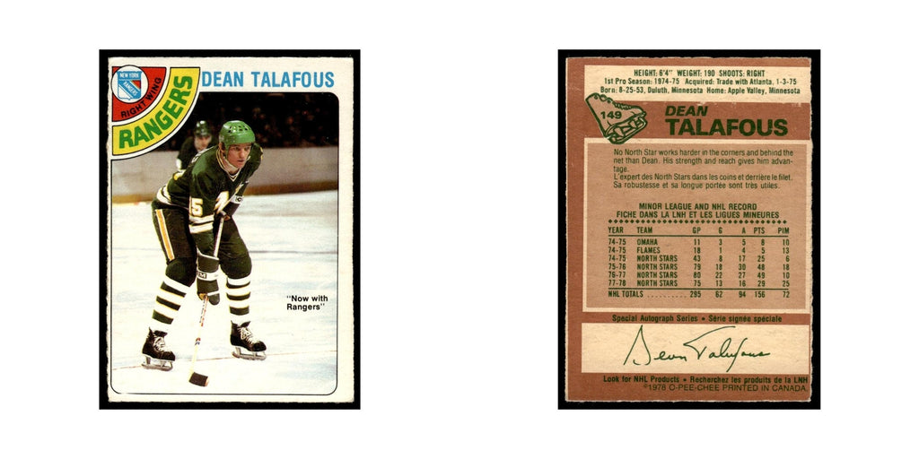 Dean Talafous 1978 O-Pee-Chee (Damaged) #149 New York Rangers Hockey Card Poor