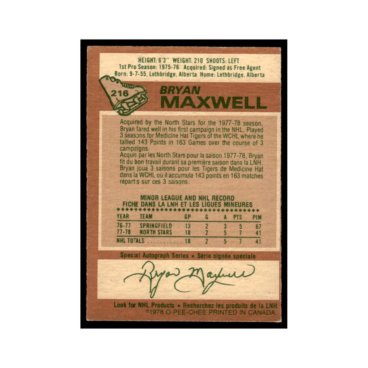 Bryan Maxwell 1978 O-Pee-Chee #216 Minnesota North Stars Hockey Card VG