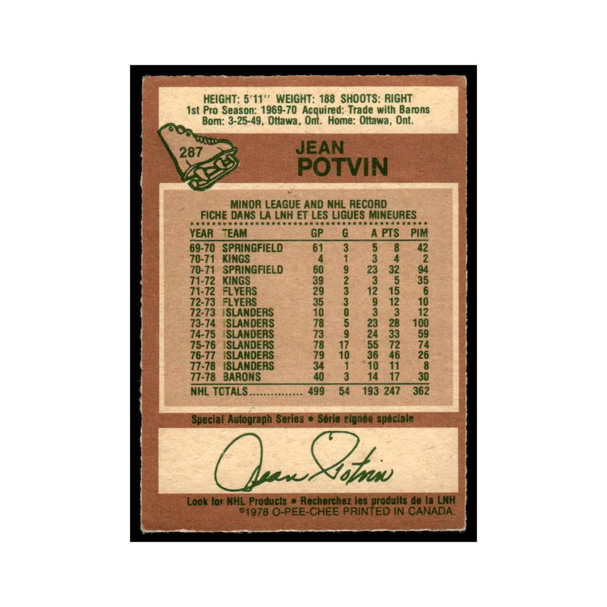 Jean Potvin 1978 O-Pee-Chee #287 Minnesota North Stars Hockey Card VG