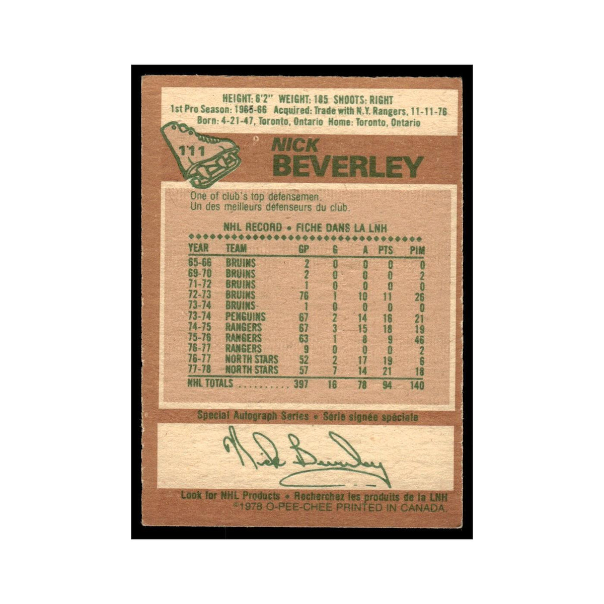 Nick Berverley 1978 O-Pee-Chee #111 Minnesota North Stars Hockey Card VG