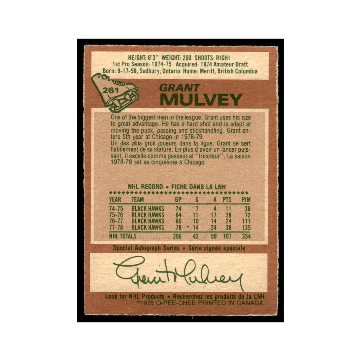 Grant Mulvey 1978 O-Pee-Chee #261 Chicago Blackhawks Hockey Card VG