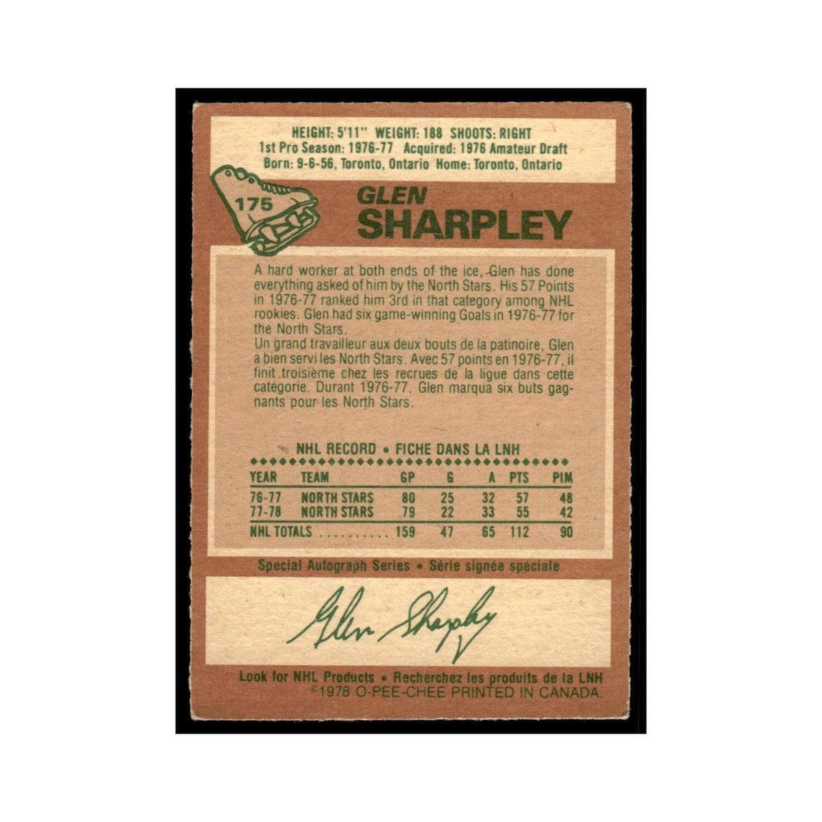 Glen Sharpley 1978 O-Pee-Chee #175 Minnesota North Stars Hockey Card VG