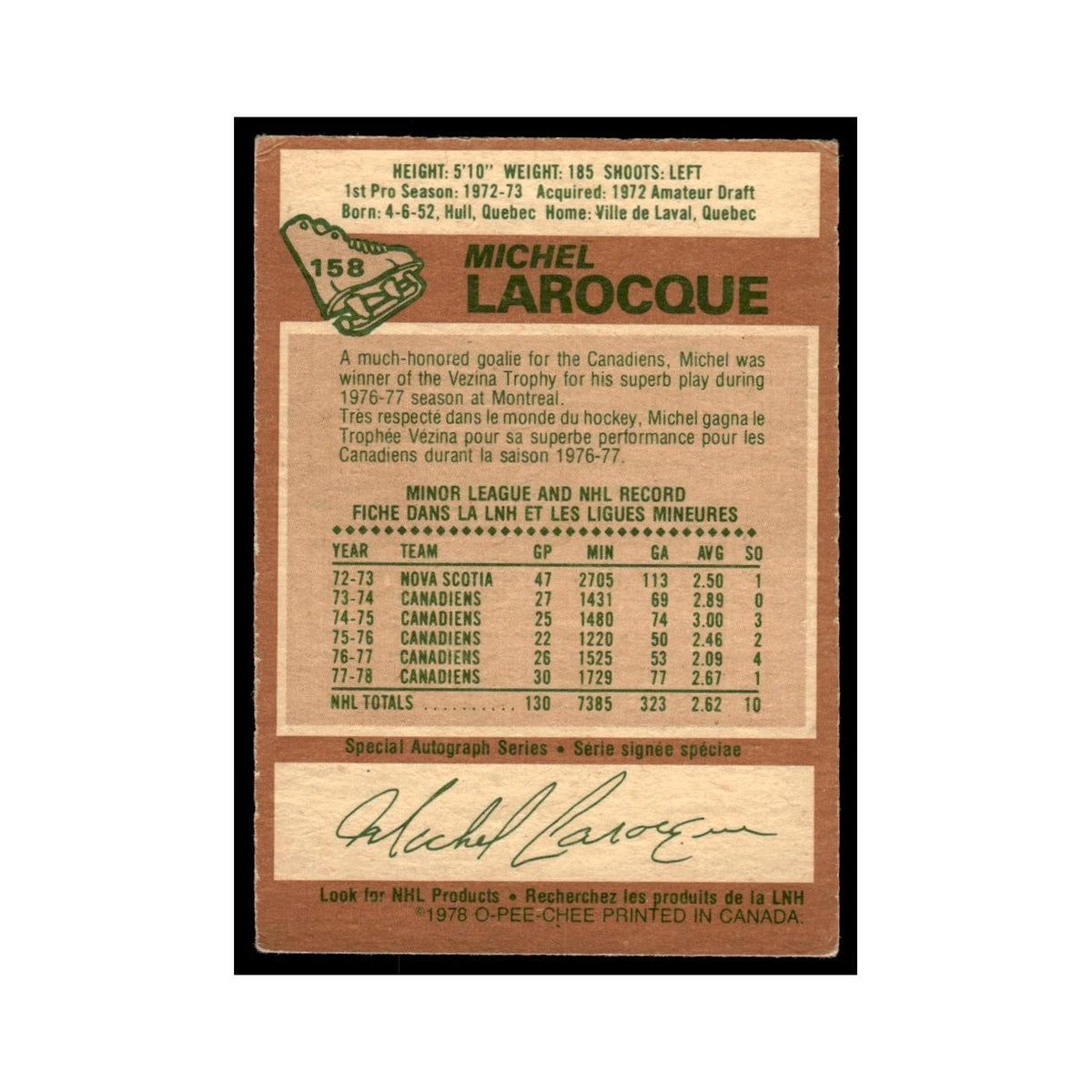 Michel Larocque 1978 O-Pee-Chee #158 Montreal Canadiens Hockey Card VG