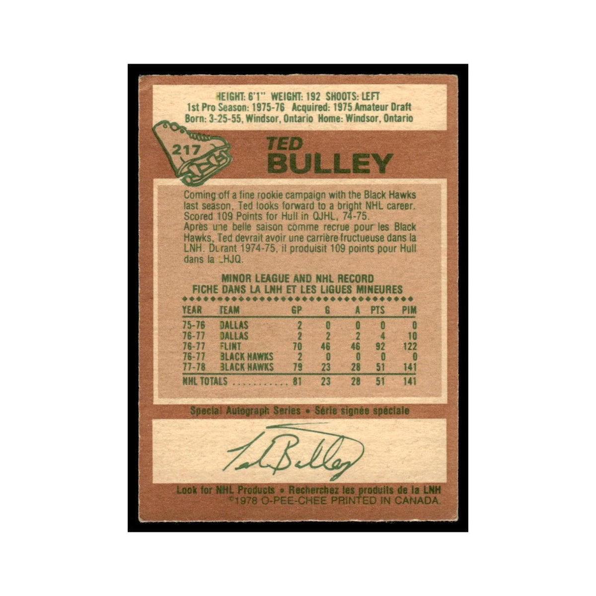 Ted Bulley Rookie 1978 O-Pee-Chee #217 Chicago Blackhawks Hockey Card VG