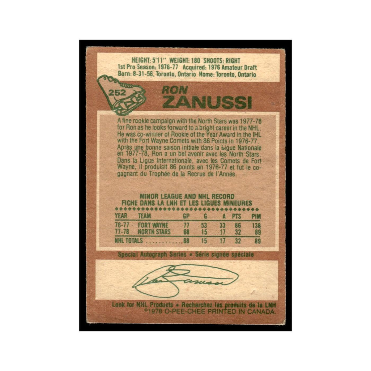 Ron Zanussi Rookie 1978 O-Pee-Chee #252 Minnesota North Stars Hockey Card VG
