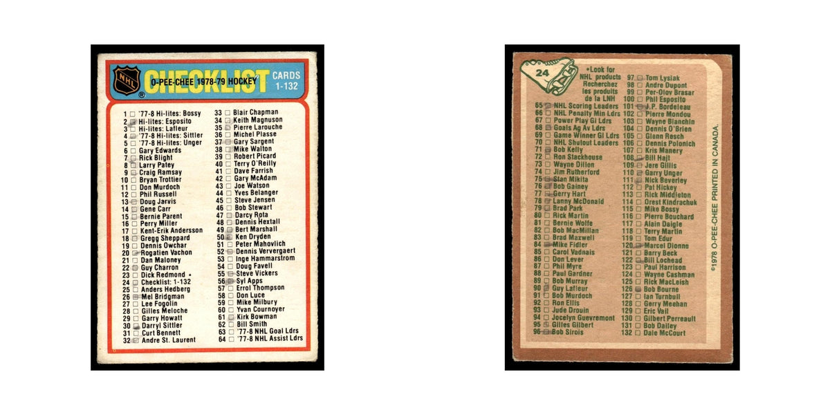 Checklist 1-132 1978 O-Pee-Chee #24 Hockey Card VG