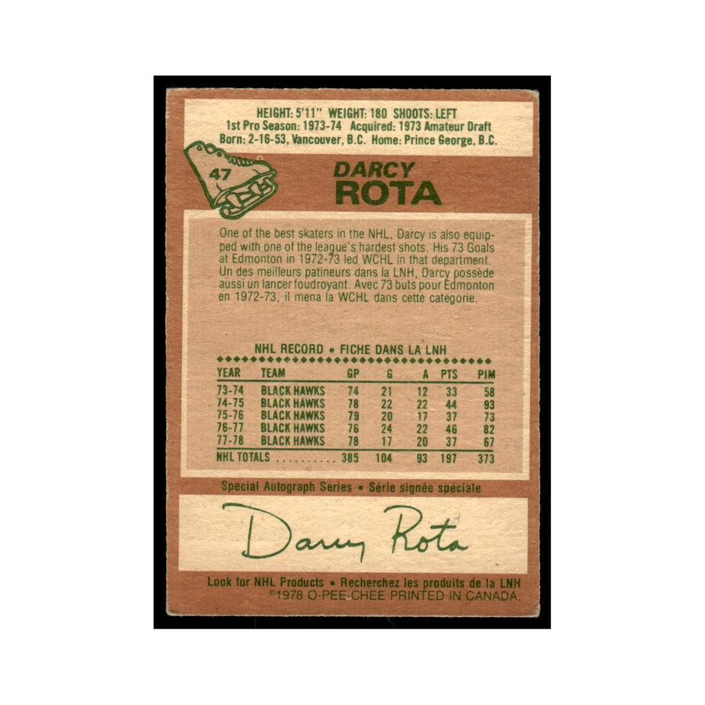 Darcy Rota 1978 O-Pee-Chee #47 Chicago Blackhawks Hockey Card VG
