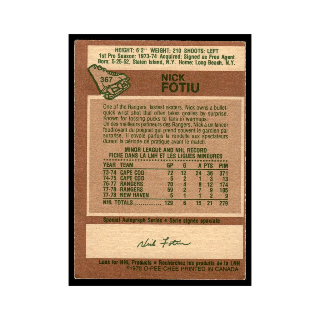 Nick Fotiu 1978 O-Pee-Chee (Damaged) #367 New York Rangers Hockey Card Poor